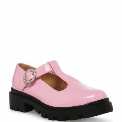 Best Pirce 🥰 Steve Madden 👧 Girls' J-Suzey T-Strap Patent Lug Sole Loafers (Youth) Black 🛒
