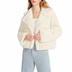 Cheapest 🔥 Steve Madden Plush Faux Fur Woven Notch Lapel Collar Long Sleeve Oversized Cropped Jacket Cream ⌛
