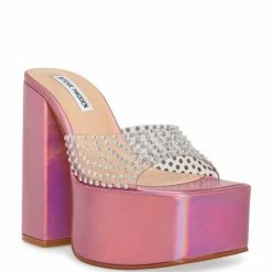 Best Pirce 🛒 Steve Madden Ruby Iridescent Jewel Embellished Clear Lucite Square Toe Platform 🩴 Sandals 🔔