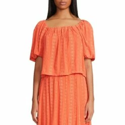 Deals 🎉 BB Dakota By Steve Madden Embroidered Eyelet Elastic Square Neck Short Elbow Puff Sleeve Swing Coordinating Blouse Ginger 👏