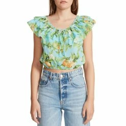 New 🥰 BB Dakota By Steve Madden Zest For Life Lemon Print Off-the-Shoulder Ruffle Coordinating Cropped Top Sky Blue 💯