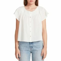 Promo ✨ BB Dakota By Steve Madden Fairy Dust Clip Dot Crew Neck Cap Flutter Sleeve Button Front Top White 🛒